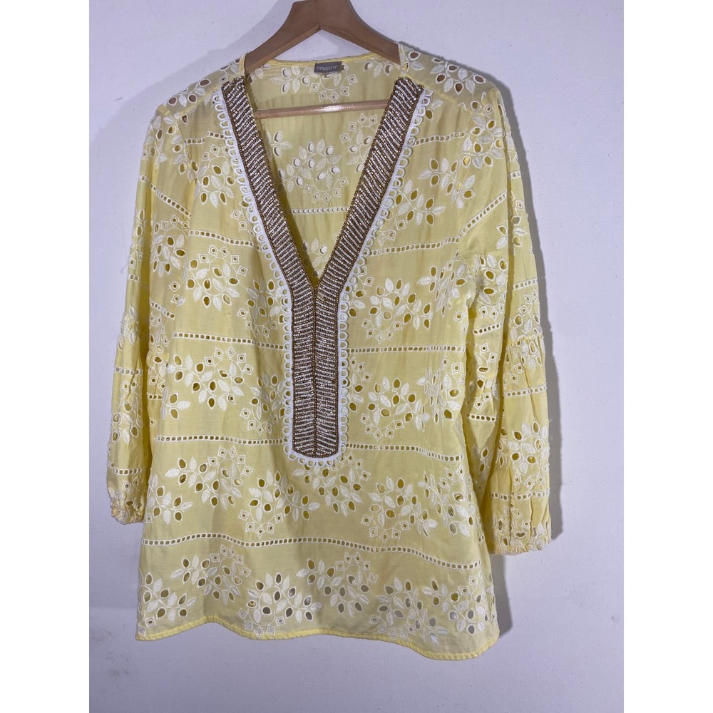 Chico's Eyelet Tunic. XL Yellow Good Beaded V-Neck Boho Embroidered Top
